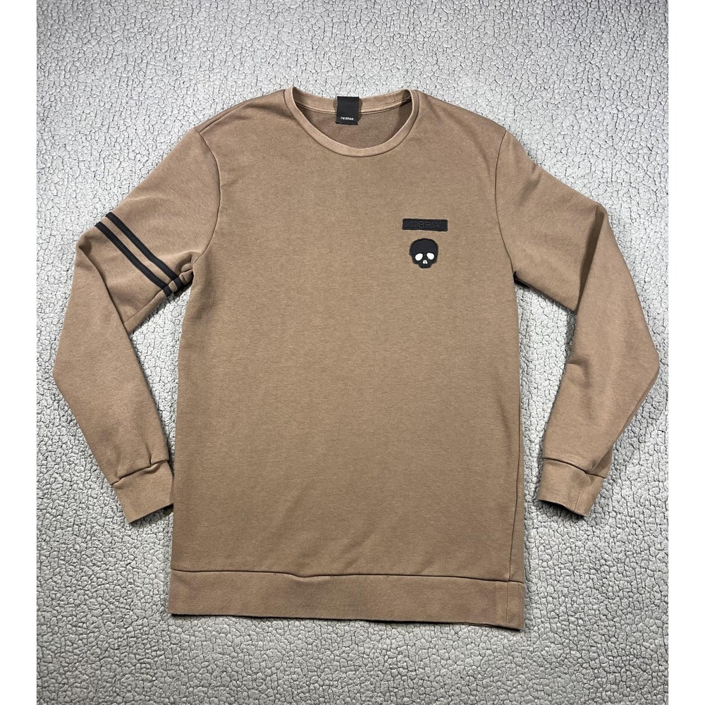I'm Brian Sweatshirt Mens Medium Brown Skull Patch Stripe‎ Sleeve Crewneck